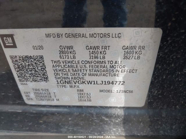 Photo 8 VIN: 1GNEVGKW1LJ194772 - CHEVROLET TRAVERSE 