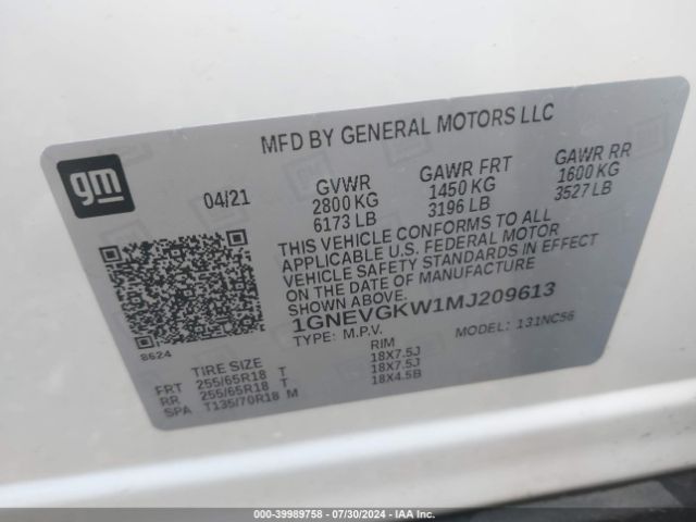 Photo 8 VIN: 1GNEVGKW1MJ209613 - CHEVROLET TRAVERSE 