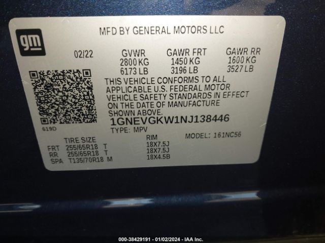 Photo 8 VIN: 1GNEVGKW1NJ138446 - CHEVROLET TRAVERSE 