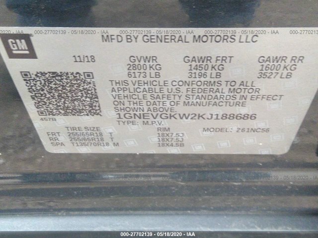 Photo 8 VIN: 1GNEVGKW2KJ188686 - CHEVROLET TRAVERSE 