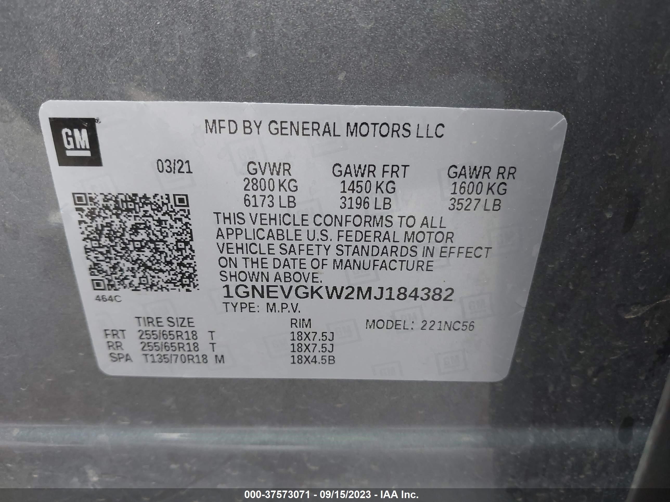 Photo 8 VIN: 1GNEVGKW2MJ184382 - CHEVROLET TRAVERSE 