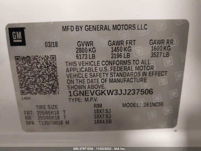 Photo 8 VIN: 1GNEVGKW3JJ237506 - CHEVROLET TRAVERSE 