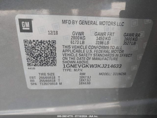 Photo 8 VIN: 1GNEVGKW3KJ214633 - CHEVROLET TRAVERSE 