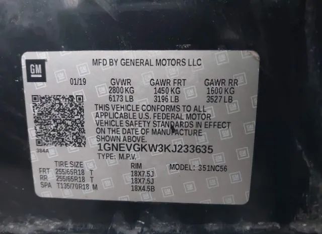 Photo 8 VIN: 1GNEVGKW3KJ233635 - CHEVROLET TRAVERSE 