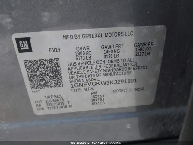 Photo 8 VIN: 1GNEVGKW3KJ291891 - CHEVROLET TRAVERSE 