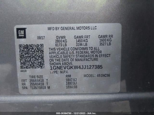 Photo 8 VIN: 1GNEVGKW4JJ127385 - CHEVROLET TRAVERSE 