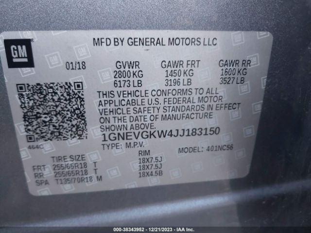 Photo 8 VIN: 1GNEVGKW4JJ183150 - CHEVROLET TRAVERSE 