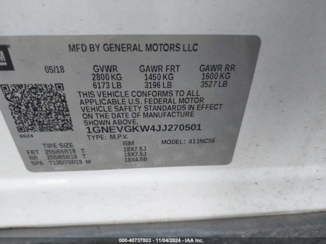 Photo 8 VIN: 1GNEVGKW4JJ270501 - CHEVROLET TRAVERSE 