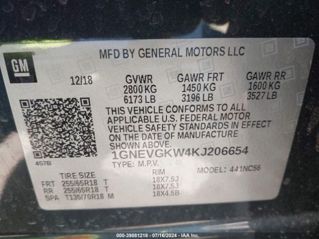 Photo 8 VIN: 1GNEVGKW4KJ206654 - CHEVROLET TRAVERSE 