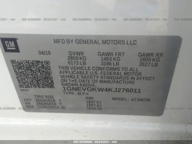 Photo 8 VIN: 1GNEVGKW4KJ276011 - CHEVROLET TRAVERSE 