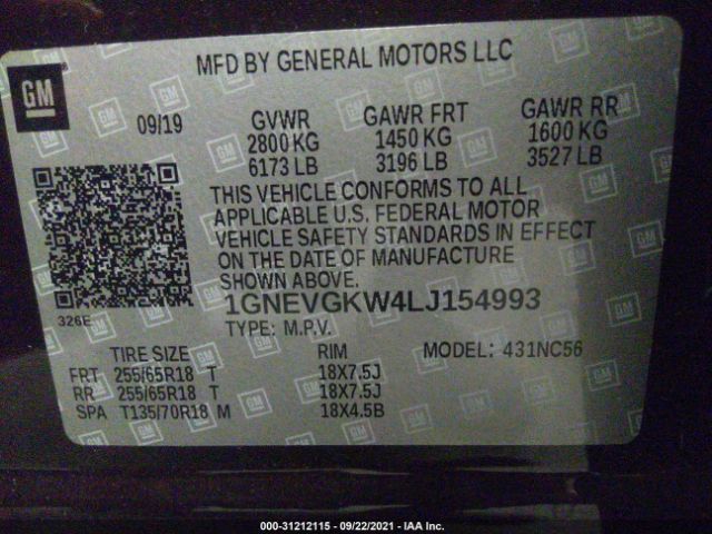 Photo 8 VIN: 1GNEVGKW4LJ154993 - CHEVROLET TRAVERSE 