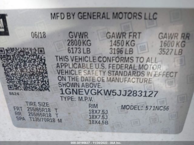 Photo 8 VIN: 1GNEVGKW5JJ283127 - CHEVROLET TRAVERSE 