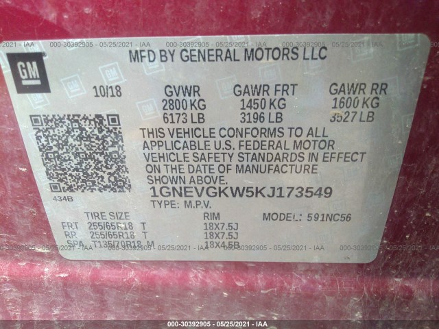 Photo 8 VIN: 1GNEVGKW5KJ173549 - CHEVROLET TRAVERSE 