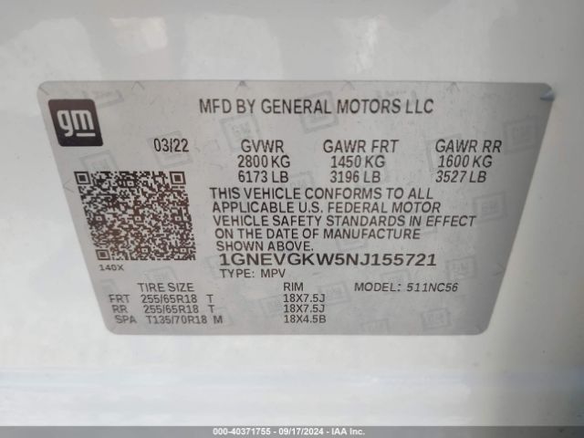 Photo 8 VIN: 1GNEVGKW5NJ155721 - CHEVROLET TRAVERSE 