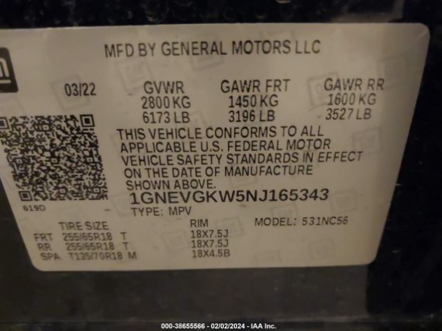 Photo 8 VIN: 1GNEVGKW5NJ165343 - CHEVROLET TRAVERSE 