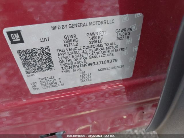 Photo 8 VIN: 1GNEVGKW6JJ166379 - CHEVROLET TRAVERSE 