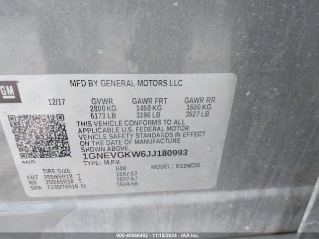 Photo 8 VIN: 1GNEVGKW6JJ180993 - CHEVROLET TRAVERSE 