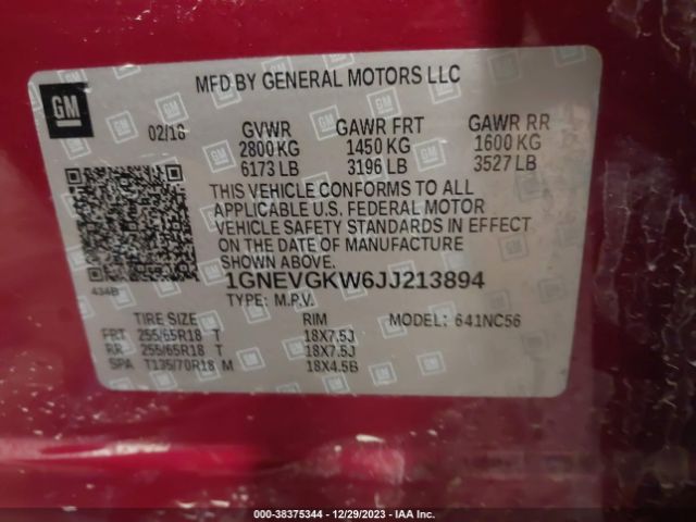 Photo 8 VIN: 1GNEVGKW6JJ213894 - CHEVROLET TRAVERSE 