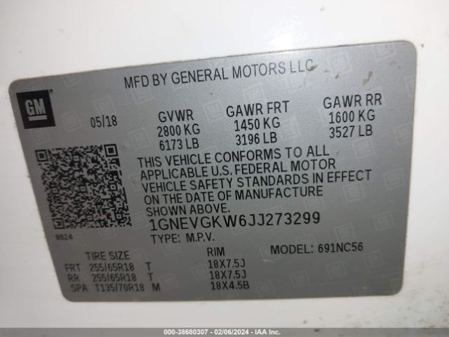 Photo 8 VIN: 1GNEVGKW6JJ273299 - CHEVROLET TRAVERSE 