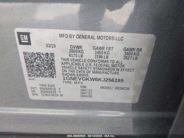 Photo 8 VIN: 1GNEVGKW6KJ256195 - CHEVROLET TRAVERSE 