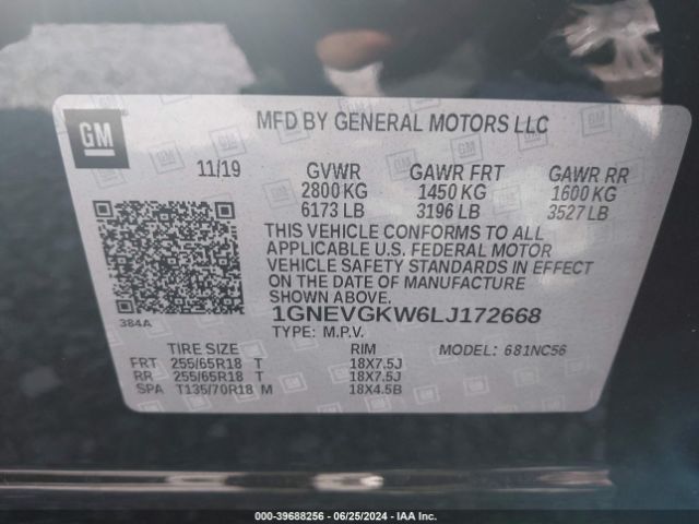 Photo 8 VIN: 1GNEVGKW6LJ172668 - CHEVROLET TRAVERSE 