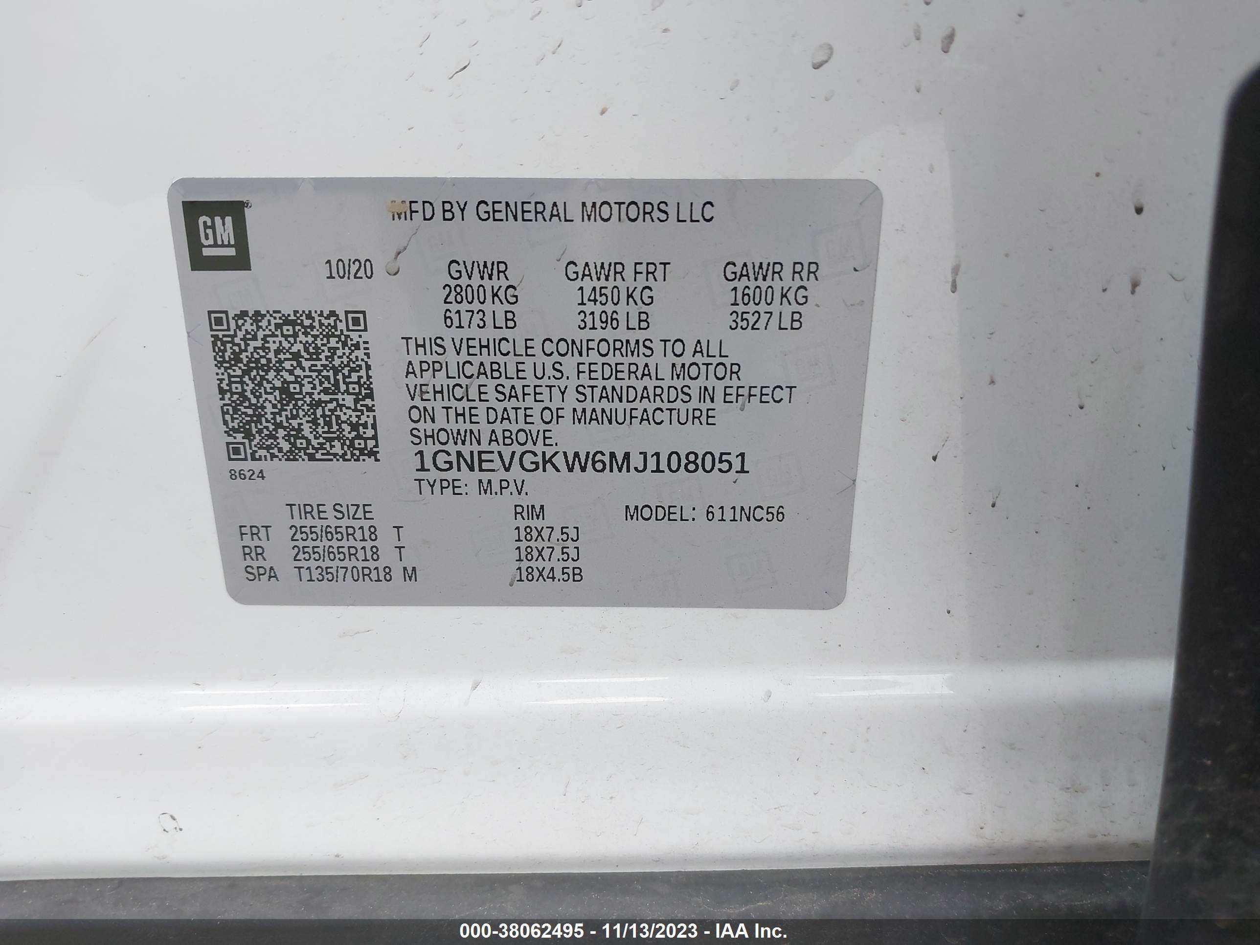 Photo 8 VIN: 1GNEVGKW6MJ108051 - CHEVROLET TRAVERSE 