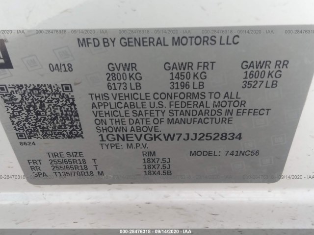 Photo 8 VIN: 1GNEVGKW7JJ252834 - CHEVROLET TRAVERSE 