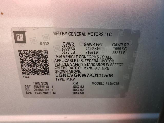 Photo 9 VIN: 1GNEVGKW7KJ111506 - CHEVROLET TRAVERSE L 