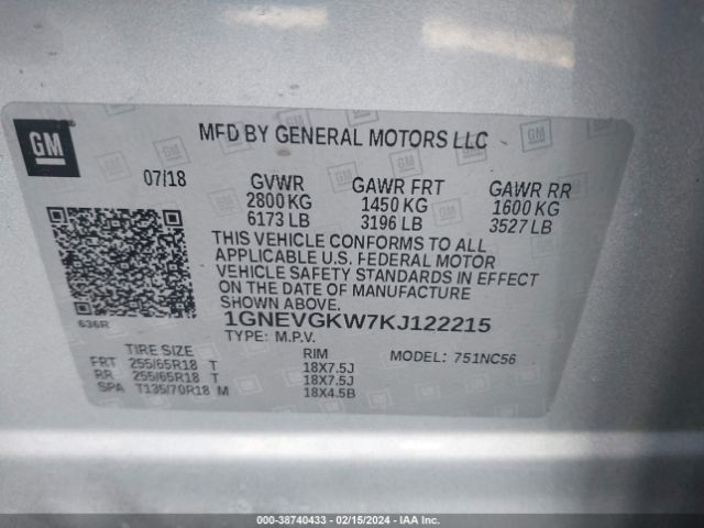 Photo 8 VIN: 1GNEVGKW7KJ122215 - CHEVROLET TRAVERSE 