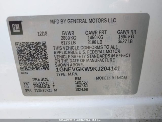 Photo 8 VIN: 1GNEVGKW9KJ204141 - CHEVROLET TRAVERSE 