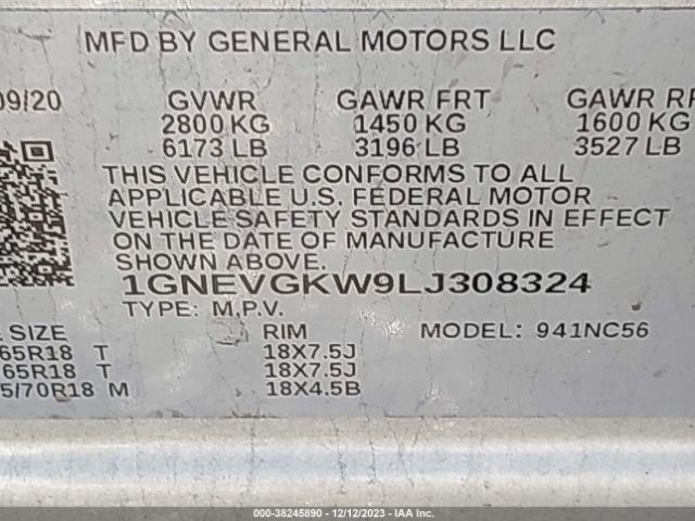 Photo 8 VIN: 1GNEVGKW9LJ308324 - CHEVROLET TRAVERSE 