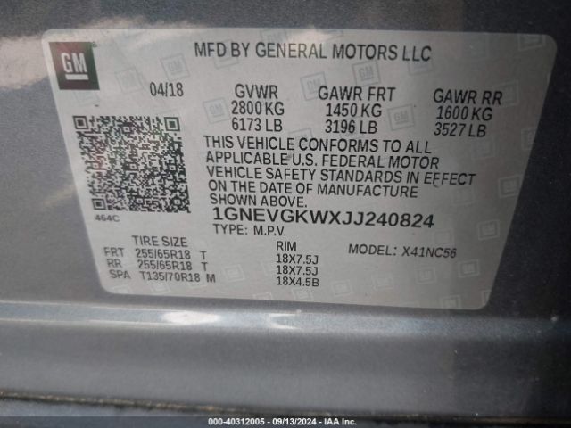 Photo 8 VIN: 1GNEVGKWXJJ240824 - CHEVROLET TRAVERSE 