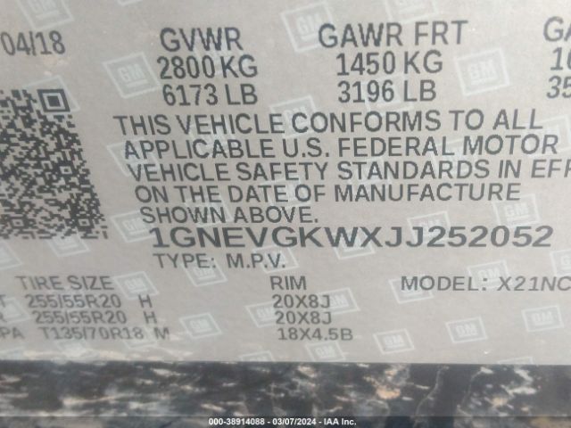 Photo 8 VIN: 1GNEVGKWXJJ252052 - CHEVROLET TRAVERSE 