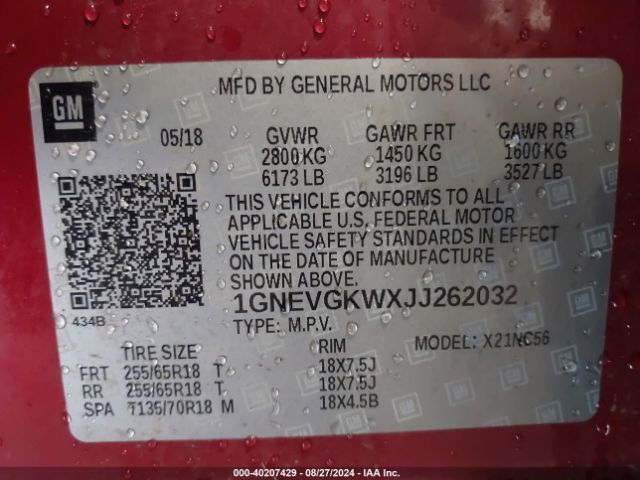 Photo 8 VIN: 1GNEVGKWXJJ262032 - CHEVROLET TRAVERSE 