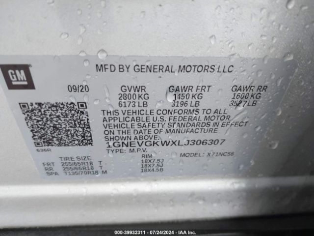 Photo 8 VIN: 1GNEVGKWXLJ306307 - CHEVROLET TRAVERSE 