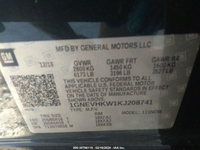 Photo 8 VIN: 1GNEVHKW1KJ208741 - CHEVROLET TRAVERSE 