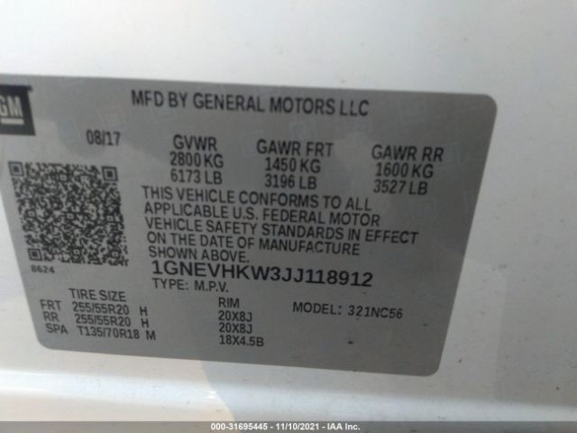 Photo 8 VIN: 1GNEVHKW3JJ118912 - CHEVROLET TRAVERSE 