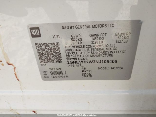 Photo 8 VIN: 1GNEVHKW3NJ105406 - CHEVROLET TRAVERSE 