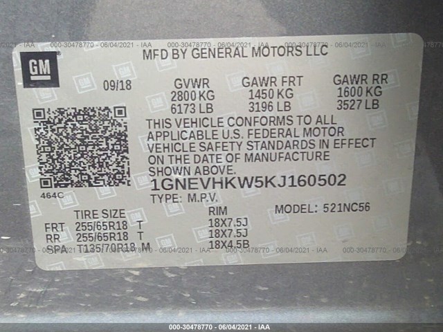 Photo 8 VIN: 1GNEVHKW5KJ160502 - CHEVROLET TRAVERSE 