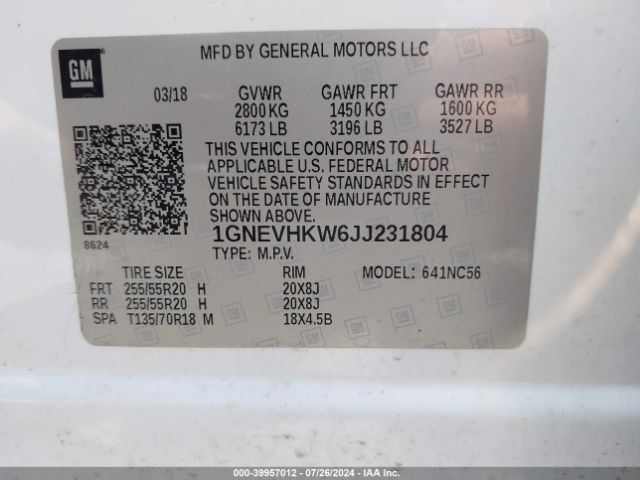 Photo 8 VIN: 1GNEVHKW6JJ231804 - CHEVROLET TRAVERSE 