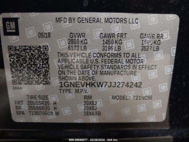 Photo 8 VIN: 1GNEVHKW7JJ274242 - CHEVROLET TRAVERSE 