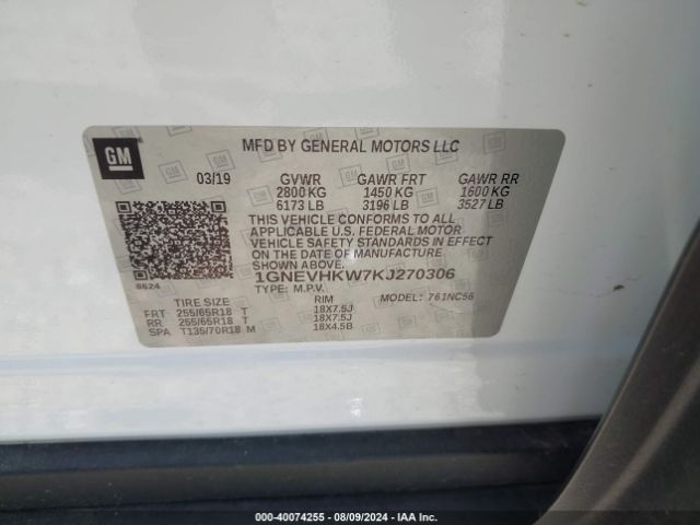 Photo 8 VIN: 1GNEVHKW7KJ270306 - CHEVROLET TRAVERSE 