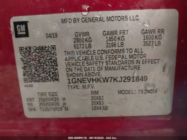 Photo 8 VIN: 1GNEVHKW7KJ291849 - CHEVROLET TRAVERSE 