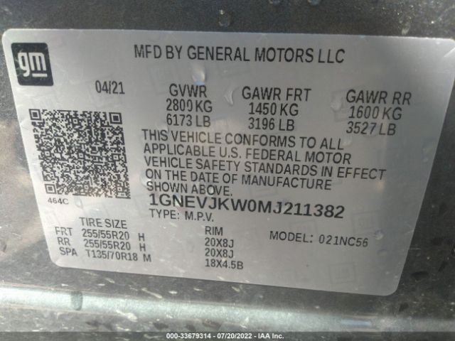 Photo 8 VIN: 1GNEVJKW0MJ211382 - CHEVROLET TRAVERSE 