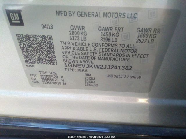 Photo 8 VIN: 1GNEVJKW2JJ241382 - CHEVROLET TRAVERSE 