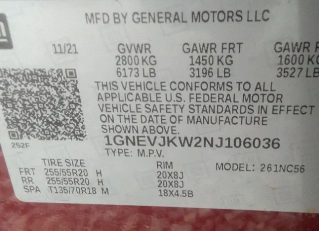 Photo 8 VIN: 1GNEVJKW2NJ106036 - CHEVROLET TRAVERSE 