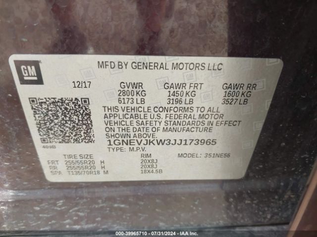 Photo 8 VIN: 1GNEVJKW3JJ173965 - CHEVROLET TRAVERSE 