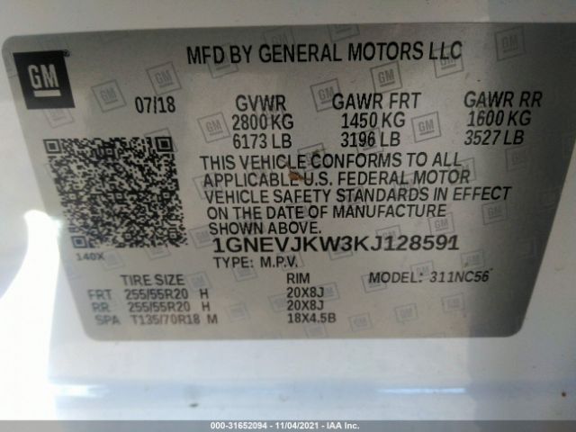 Photo 8 VIN: 1GNEVJKW3KJ128591 - CHEVROLET TRAVERSE 