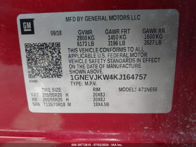 Photo 8 VIN: 1GNEVJKW4KJ164757 - CHEVROLET TRAVERSE 