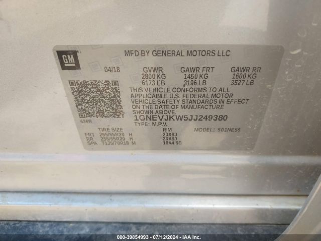 Photo 8 VIN: 1GNEVJKW5JJ249380 - CHEVROLET TRAVERSE 